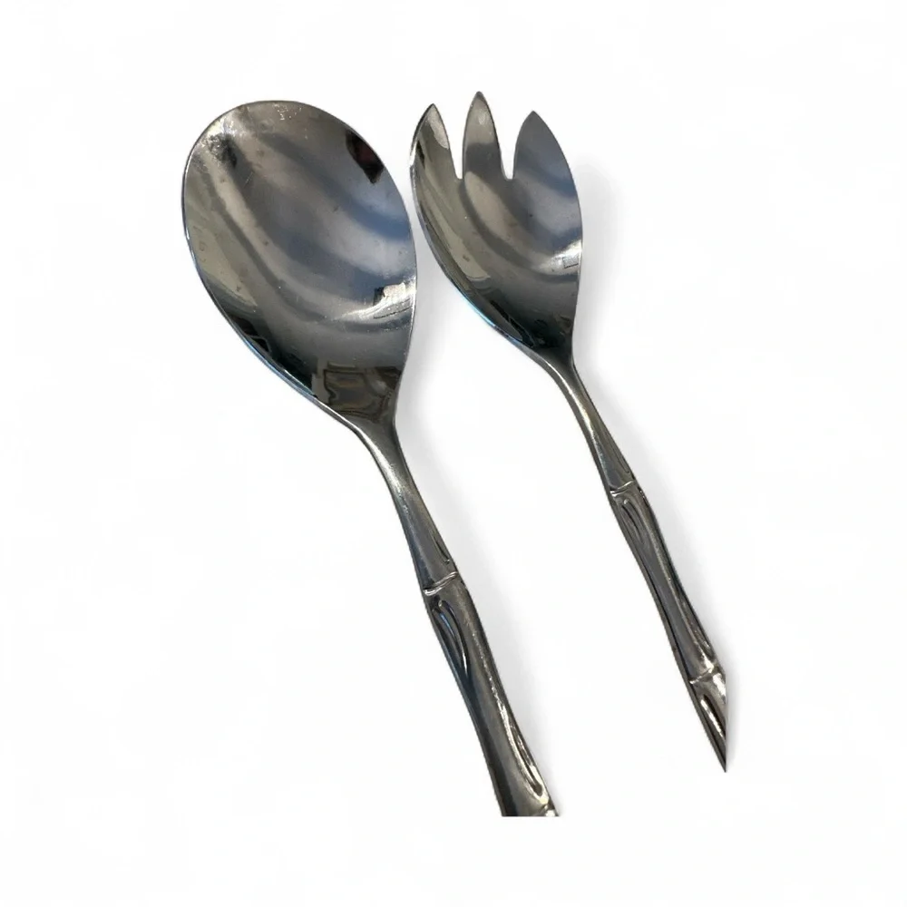 2 Piece Salad Set Bamboo Mid Century Stainless Steel Korea 9